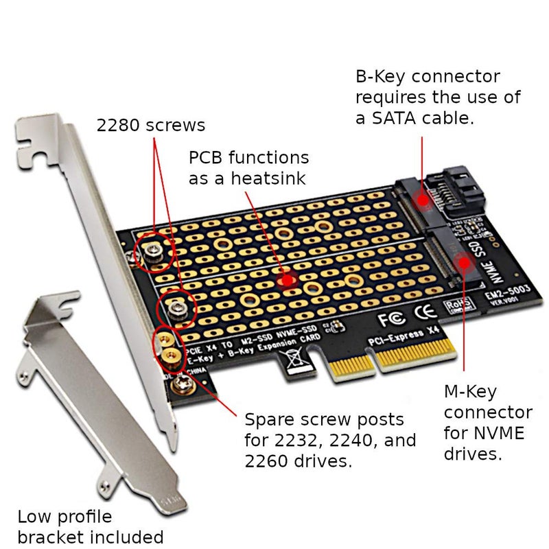 JacobsParts M.2 to PCIe NVMe and SATA SSD Dual M Key and/or B Key Adapter Card 2242 2260 2280 M2 Drive to Desktop PCI Express x4 x8 x16 Slot, Includes Brackets - Image 4
